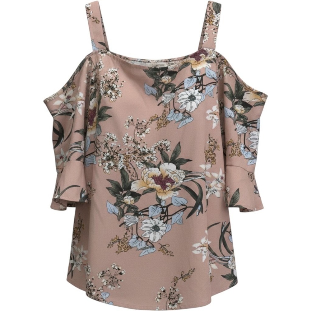 Shein Curve Blouse Women 2XL Pink Floral Cold Shoulder Ruffle Short Sleeve Top
